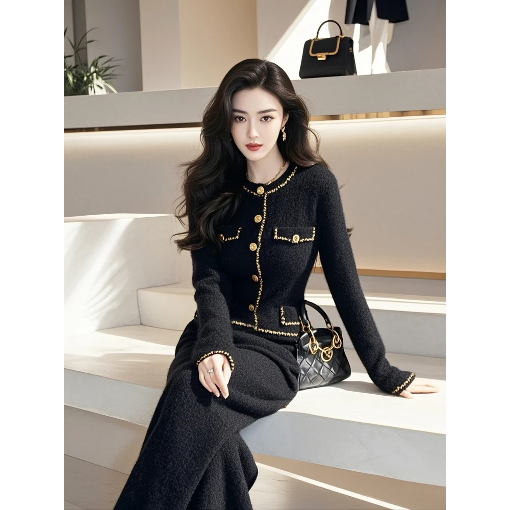 冬季千金气质名媛高端黑色毛衣套装长袖针织秋季秋冬洋气小香风