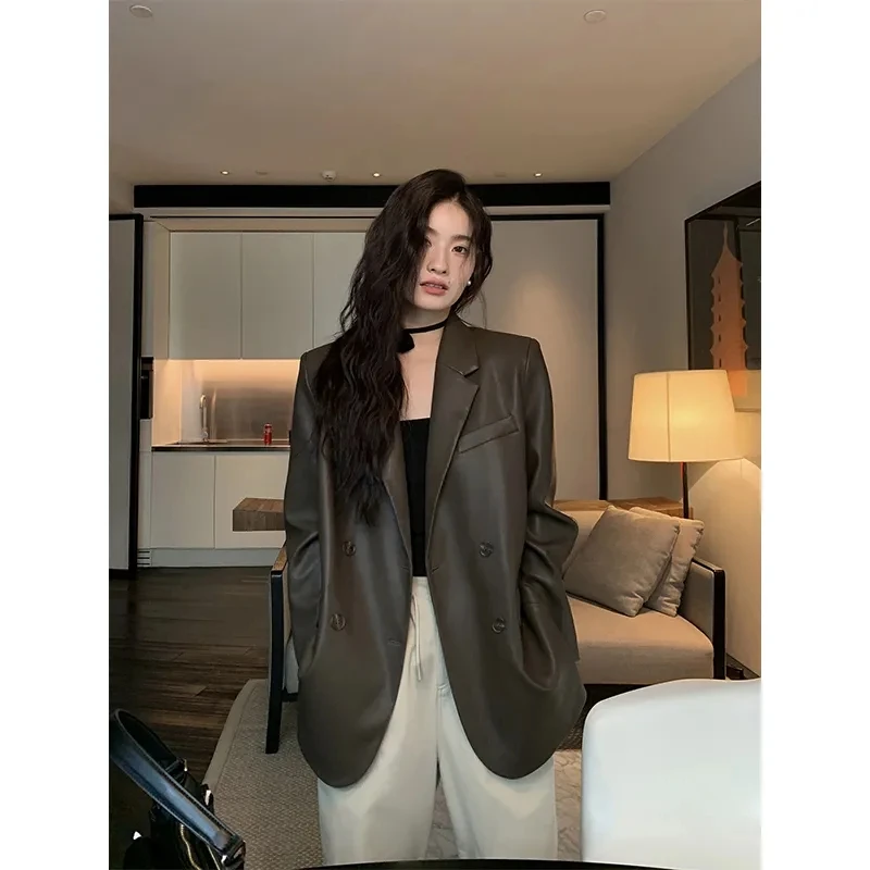 咖色复古PU皮衣西装外套女春秋季新款宽松休闲气质高级感上衣