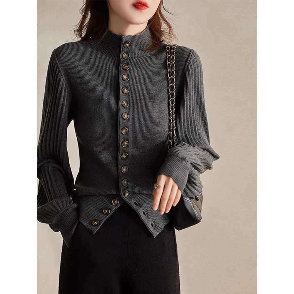 复古优雅气质拼接立领针织开衫秋冬灯笼袖显瘦休闲外穿上衣女