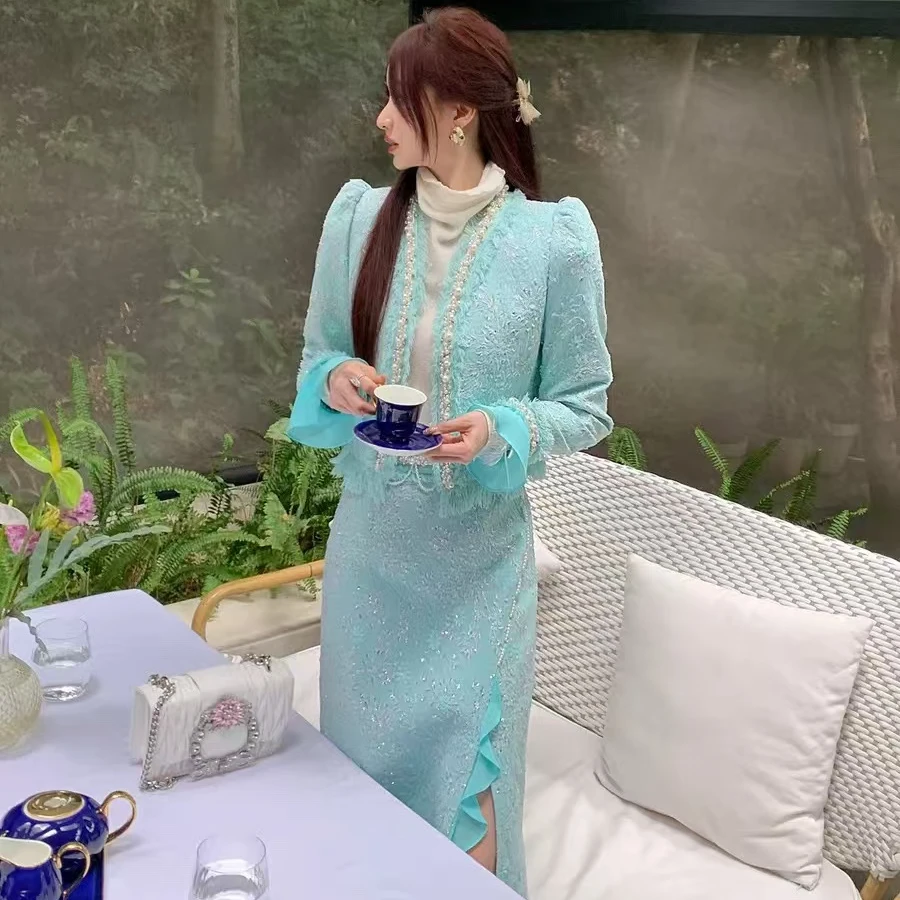 【Zy】-贝加尔湖轻奢优雅气质重工钉珠流苏时尚显瘦花边小香风套装