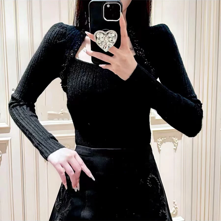 【Zy】-冬日雪芙秋冬设计法式名媛款显瘦气质长袖针织时尚方领毛衣