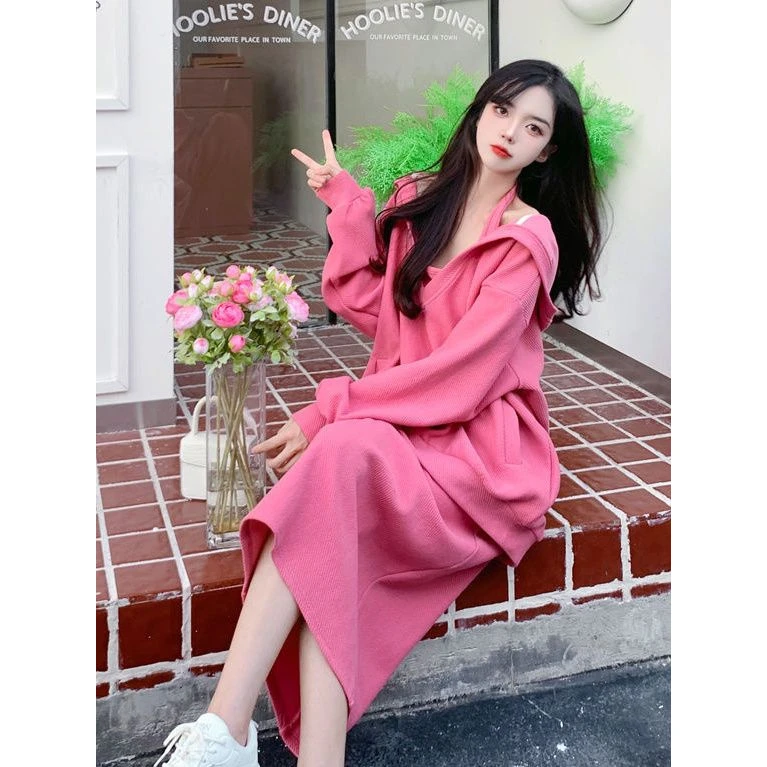 挂脖卫衣裙两件套装春秋季薄款炸街小众外穿显瘦微胖mm遮肉连衣裙