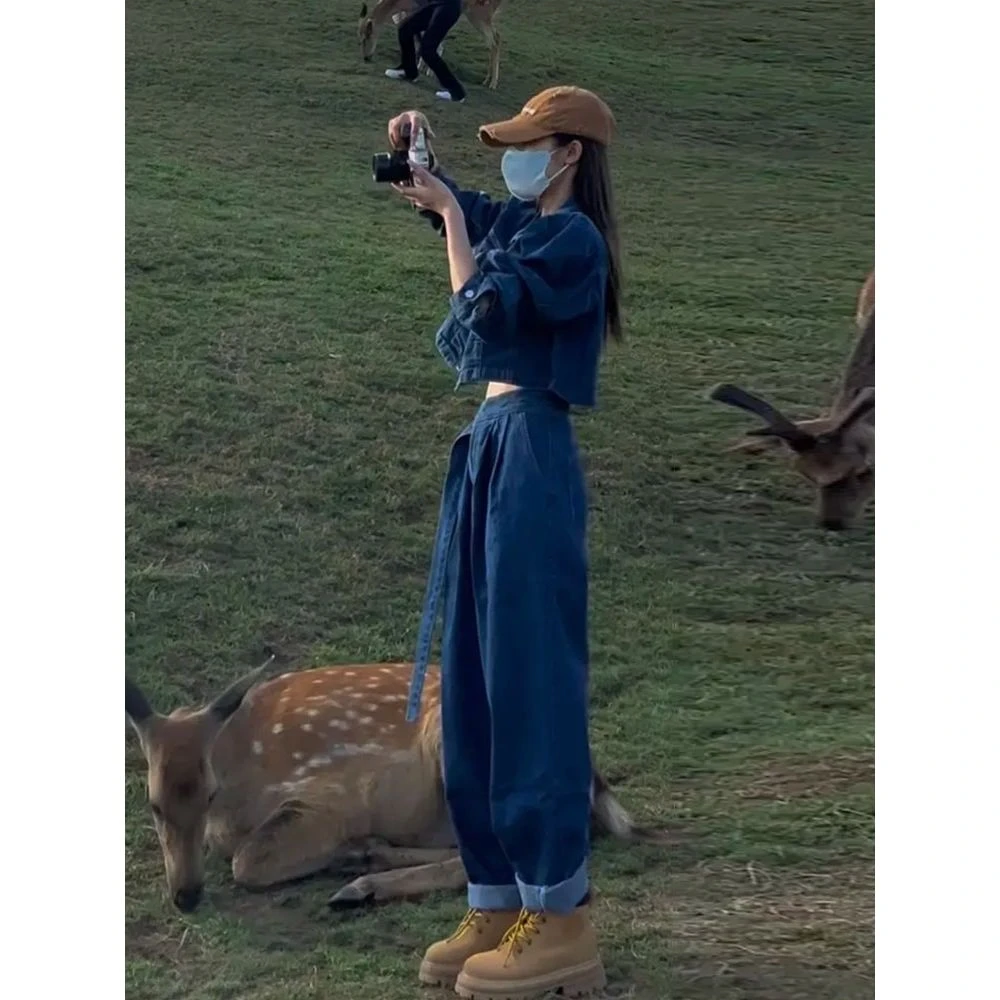 秋季2024新款高级感盐系泡泡袖短款外套哈伦牛仔裤时尚牛仔套装女