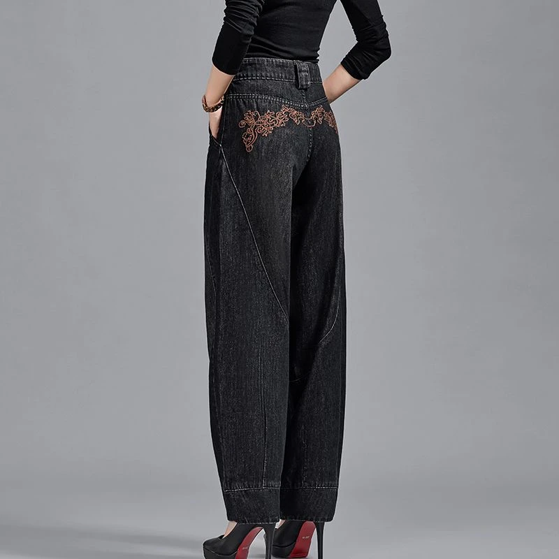 秋冬加绒高腰刺绣花牛仔裤女灯笼裤女阔腿长裤萝卜裤宽松休闲时尚