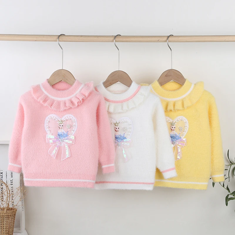 【爱莎】2023年秋冬新款女童仿貂绒毛衣儿童加厚洋气圆领套头针织1