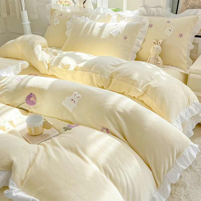 ins公主风牛奶绒床上四件套冬季加厚少女心法兰双面绒床单被套罩4