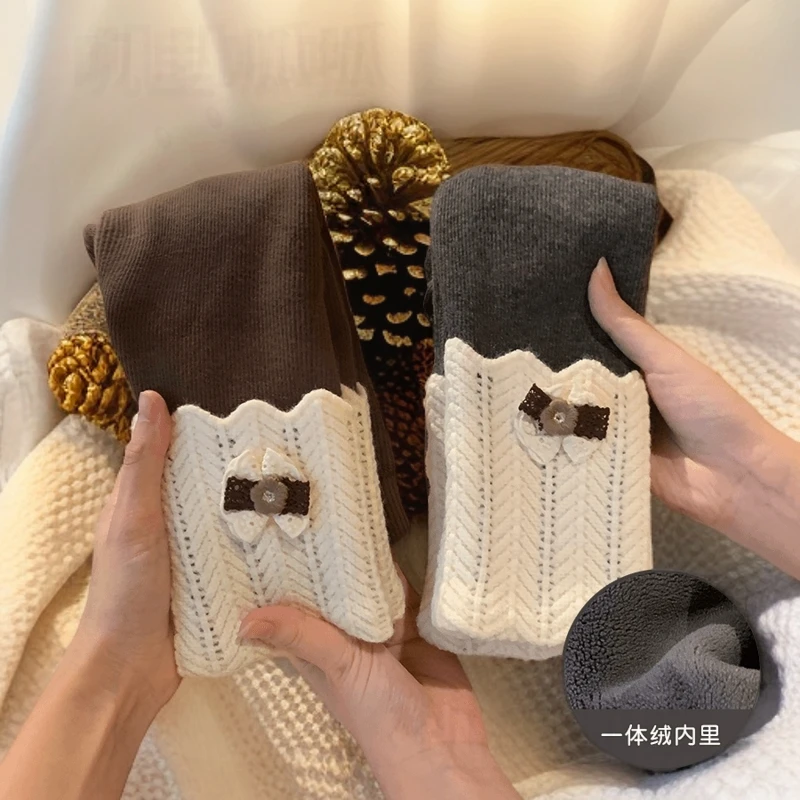 女童秋冬季加绒一体绒打底裤宝宝拼接针织棉洋气儿童加厚保暖外穿