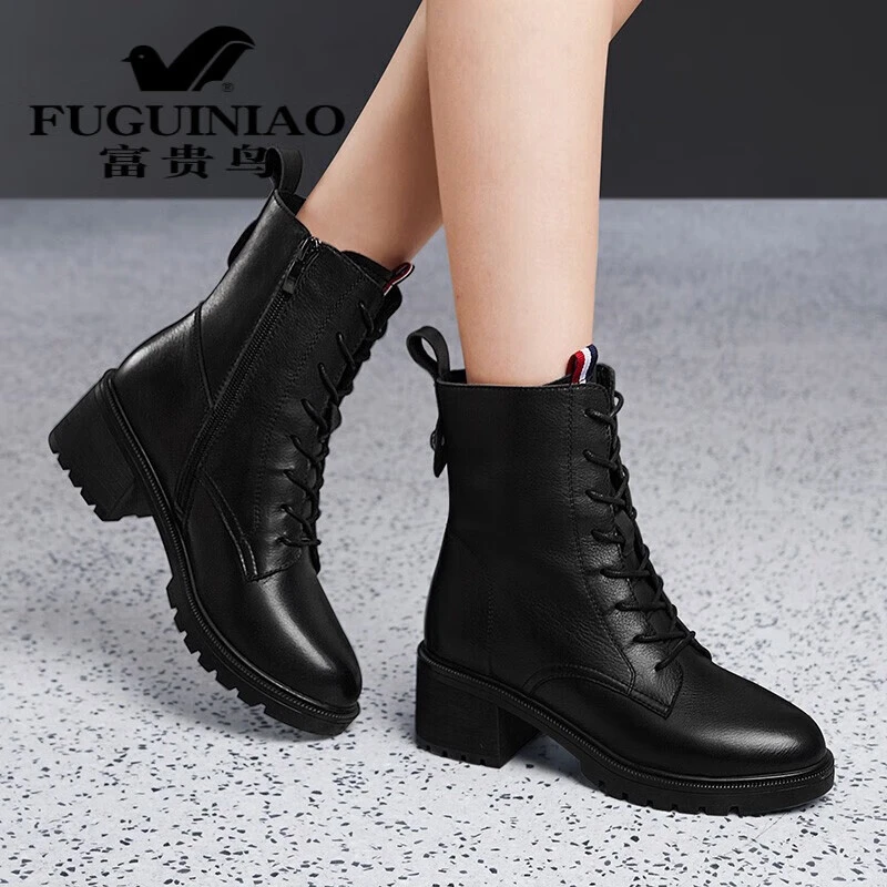 富贵鸟头层牛皮女靴粗跟短靴女防水台真皮皮靴大码马丁靴加绒保暖