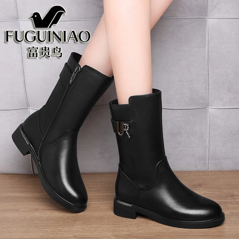 富贵鸟中筒靴女粗跟加绒妈妈二棉鞋2023冬季软底加厚牛皮中年真皮