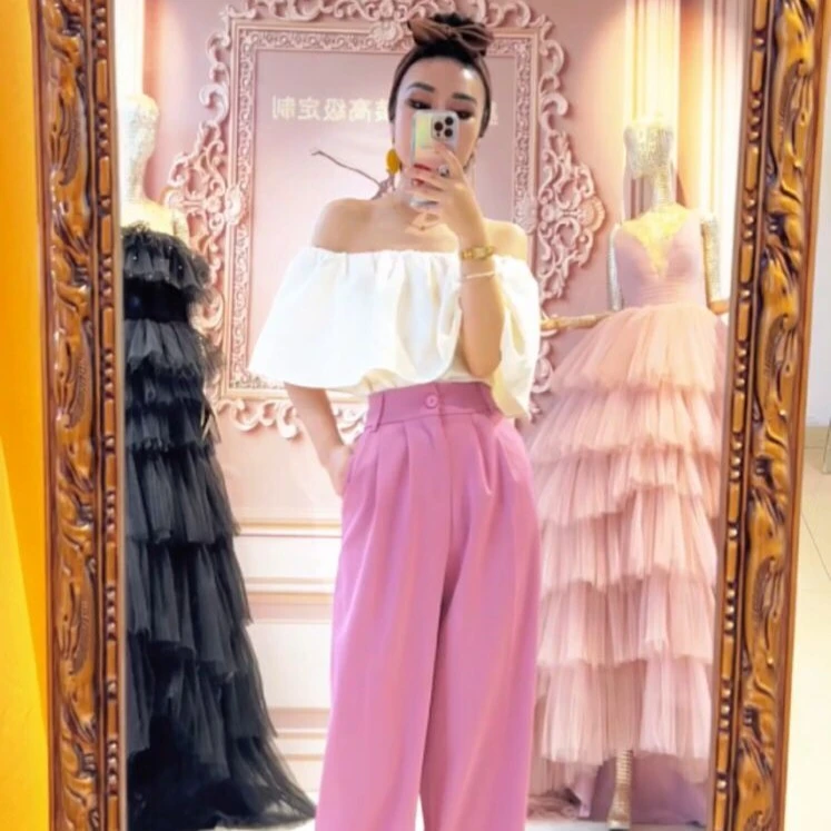 【星姐推荐】星原创高级定制「粉色佳人」设计师时尚气质高腰休闲长裤