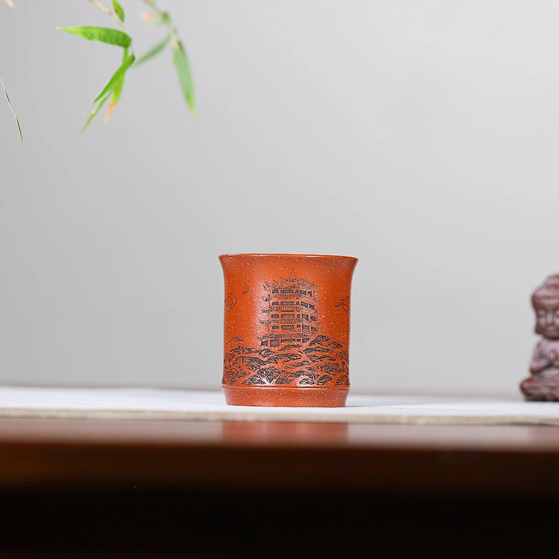 宜兴紫砂原矿紫砂段泥精品主人杯纯手工绘刻黄鹤楼紫砂杯大容量