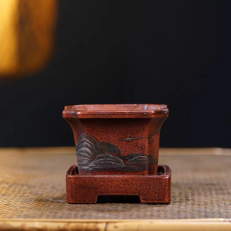 精品紫砂花盆全手工泥绘四方带底座微型摆件复古