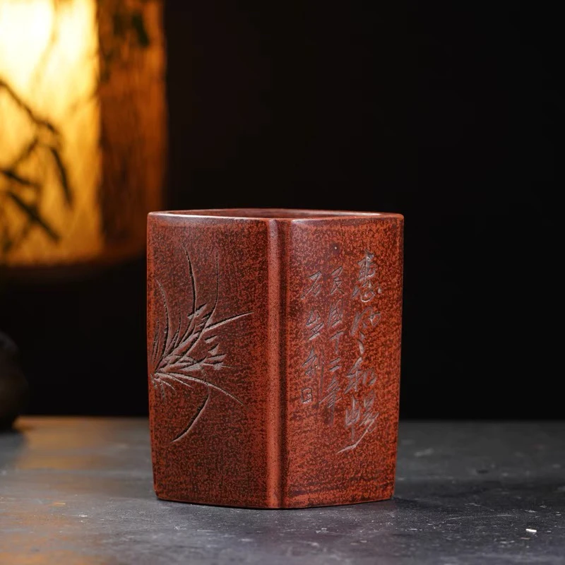 宜兴正式紫砂摆件铁画轩款名家刻绘四方菱形笔筒复古国风