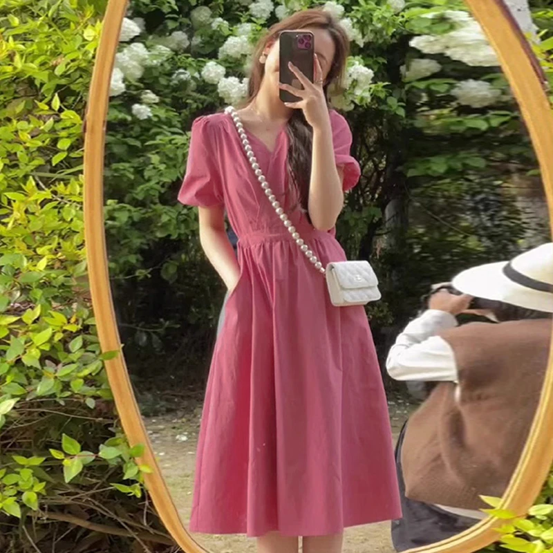 收腰A字树莓色连衣裙女独特设计感风格奶乖小个子裙子1495