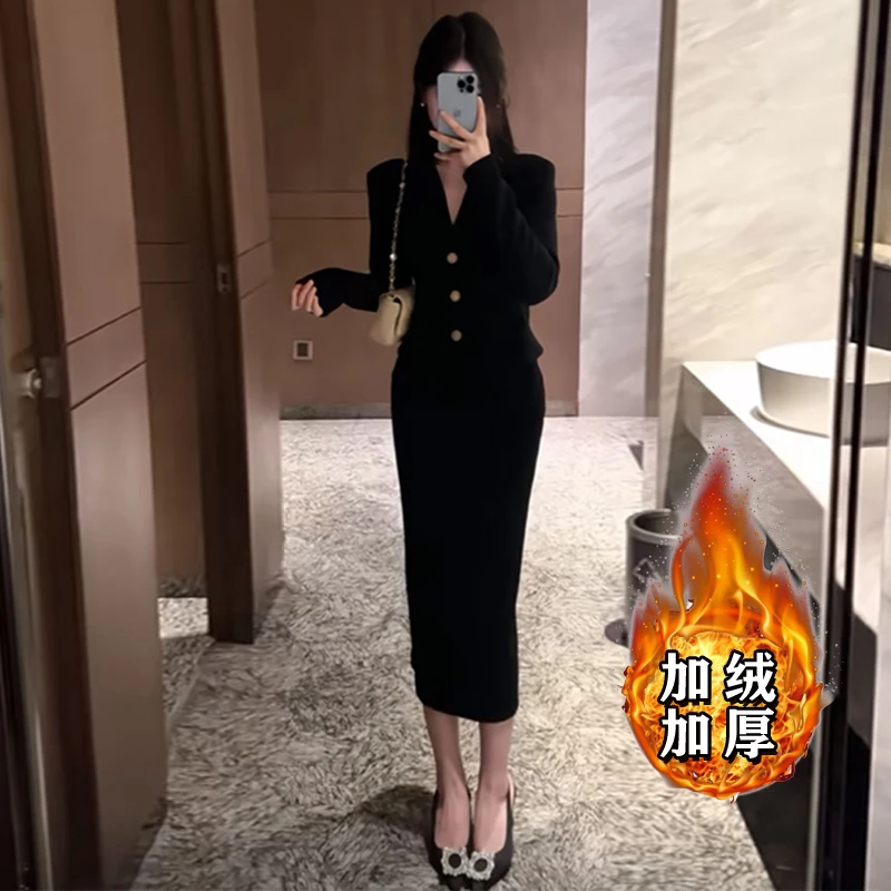 【加绒加厚】【两件套】小香风翻领保暖外套气质包臀裙女装套装6438