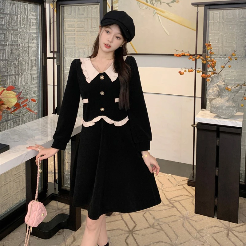 【常规】娃娃领连衣裙新款女装时尚减龄气质小黑裙6278