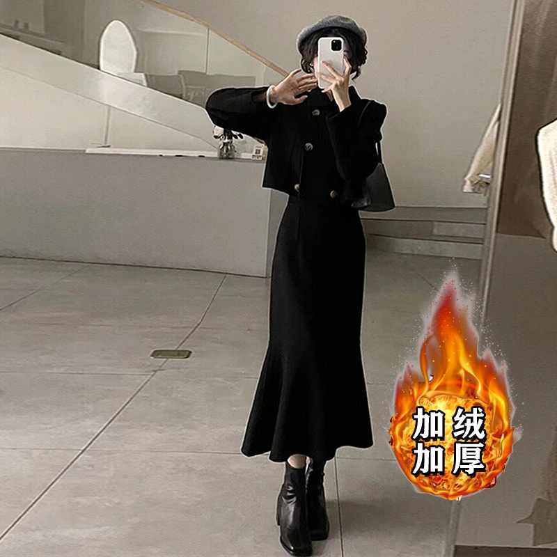 【加绒加厚】【赫本风两件套】法式鱼尾裙气质黑色新款女装两件套6300