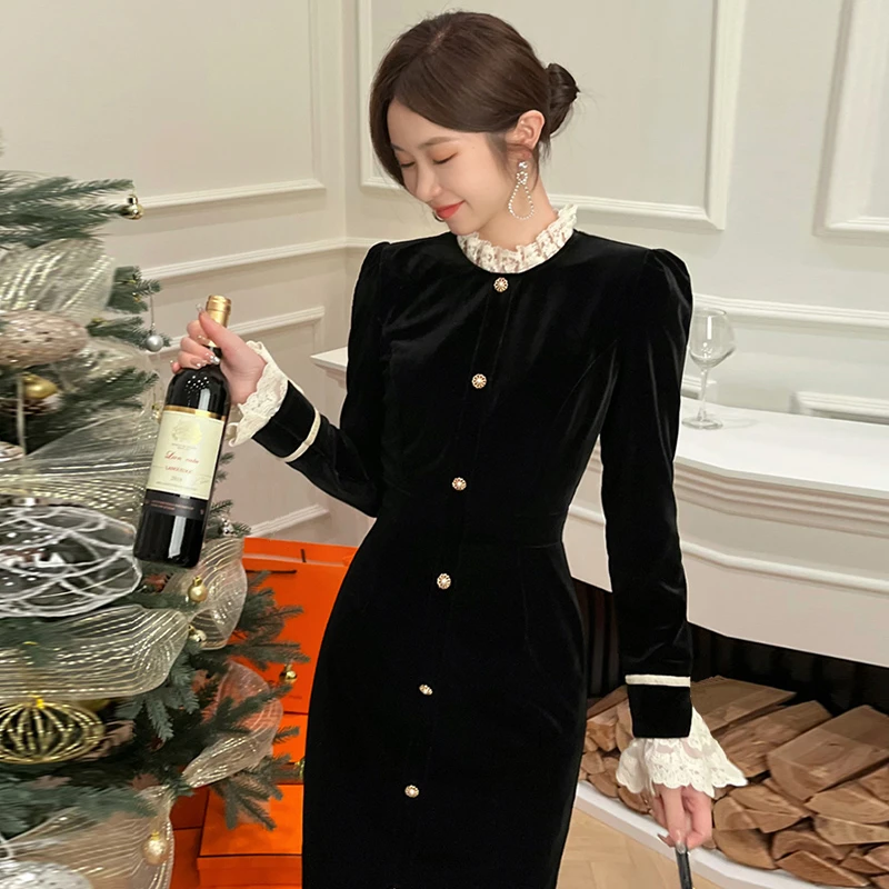 小个子黑色赫本风复古连衣裙女法式蕾丝裙子7957