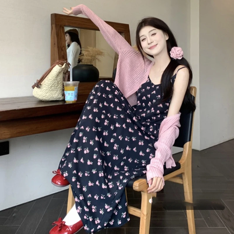 【素夕】【两件套】夏季新款温柔风气质碎花吊带中长裙6934