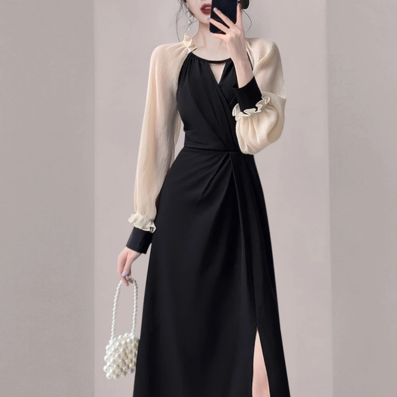 法式高级感收腰显瘦黑色连衣裙新款女神范洋气修身7723