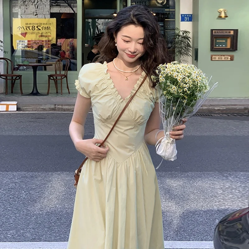 夏季茶歇法式V领连衣裙设计感小众仙气超仙初恋裙1318