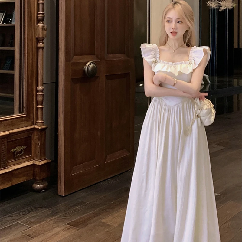 【彭姐】【有内衬】荷叶边方领吊带连衣裙女夏气质甜美长裙6809