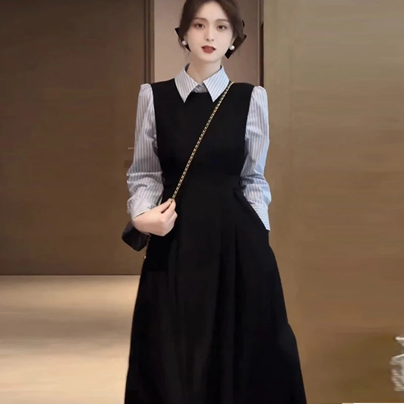 【筱安】法式气质时尚连衣裙子女新款高级感收腰黑色长裙1787