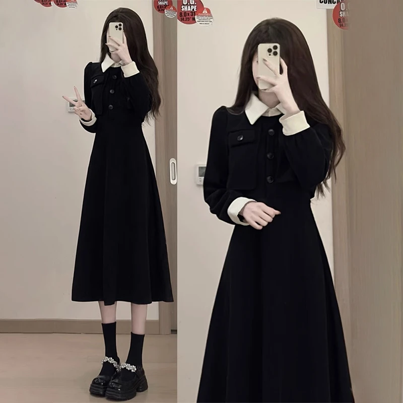 收腰显瘦口袋假两件黑色长袖连衣裙小个子复古新款6093