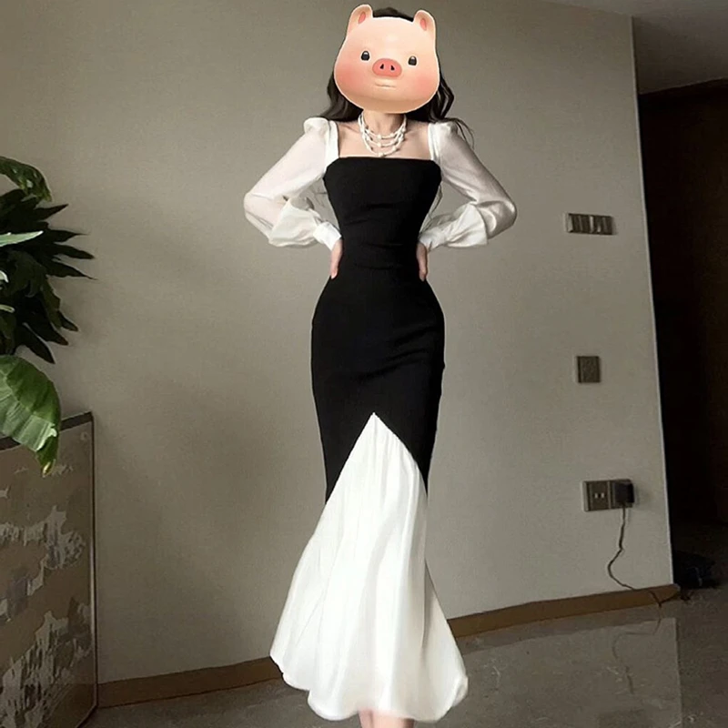 TW法式方领撞色拼接连衣裙女秋装2025年新款女修身鱼尾长裙子1831