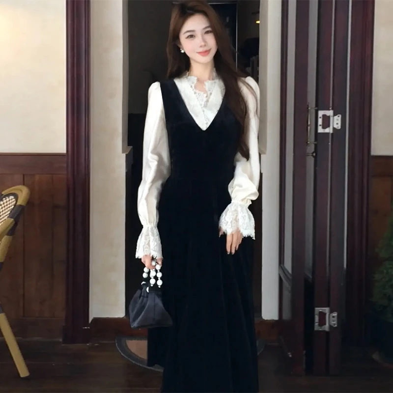 【素夕】2025新秋季法式蕾丝拼接上衣丝绒假两件显瘦女装连衣裙2315