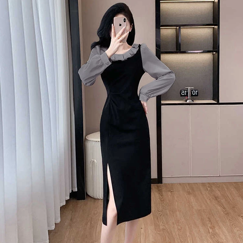 【安安】新款气质时尚设计感开叉连衣裙拼接减龄收腰显瘦裙子女2077