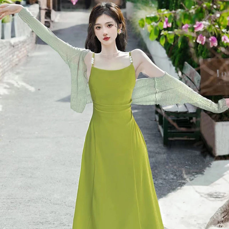 【棠棠】【四色】【两件套】法式绿色连衣裙夏2025新气质夏季开衫6904