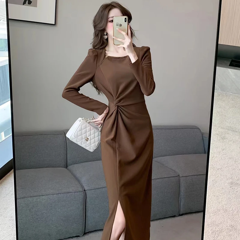 2025新设计感气质褶皱收腰修身长袖侧开叉中长连衣裙小众A8096