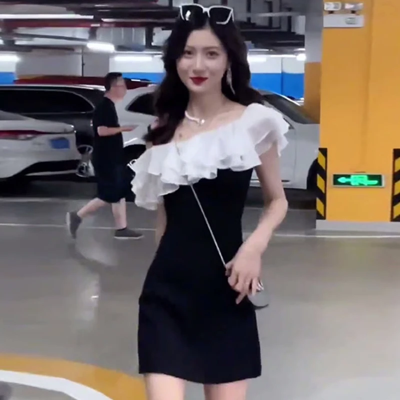 【潘潘】法式一字肩荷叶边连衣裙女2025夏季新款气质修身包臀短1398