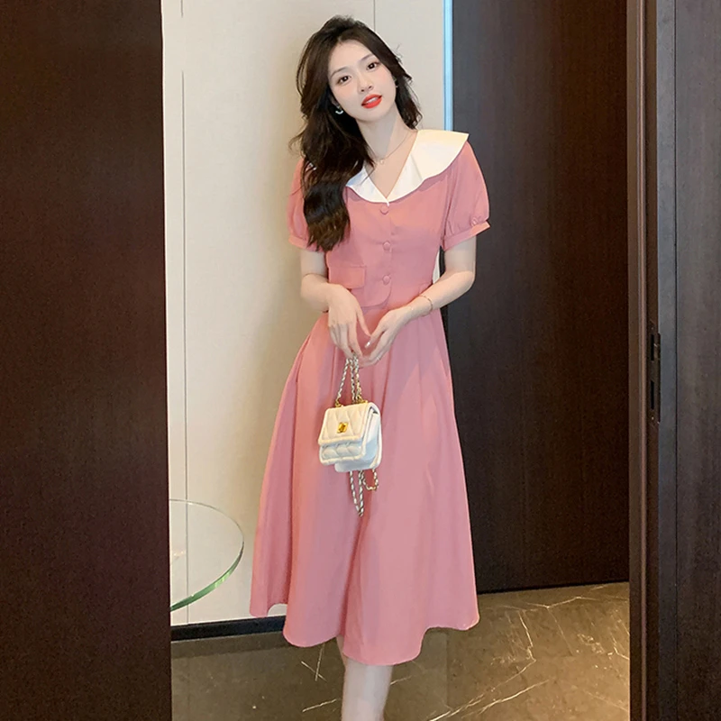 法式娃娃领拼色连衣裙女夏2025夏季新款收腰显瘦气质1015