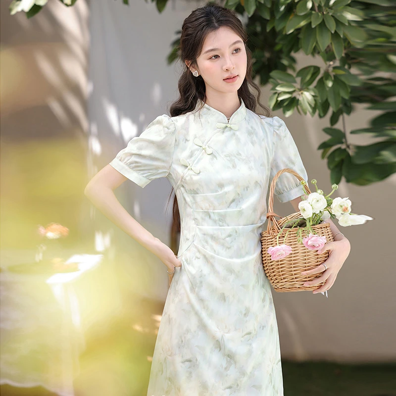 【秀秀】新中式改良连衣裙女夏2025新款薄荷绿裙子1129