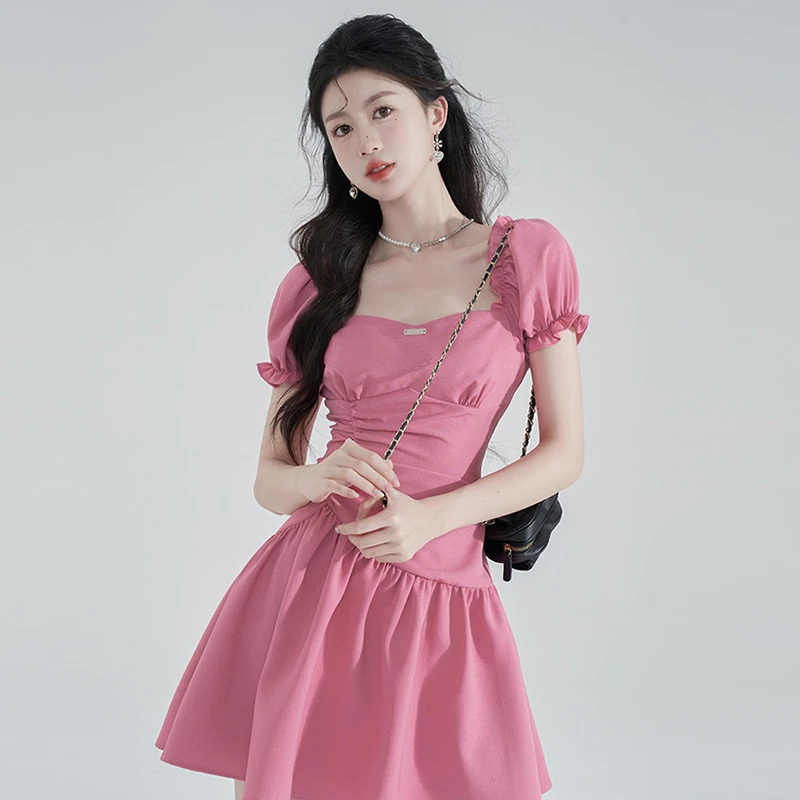 方领连衣裙女装法式泡泡袖夏季2025新款荷叶边褶皱气质裙子1341