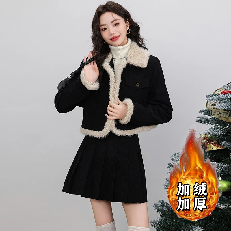 【加绒加厚】【两件套】冬季裙子套装2025年外套搭黑色短裙两件套2572