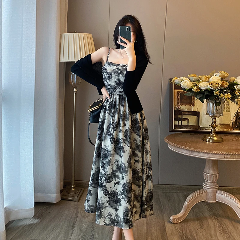 【大码】【两件套】法式复古水墨碎花抹胸吊带女设计感收腰长裙B8057