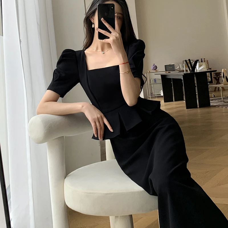 黑色连衣裙女方领气质赫本风假两件通勤长裙9616