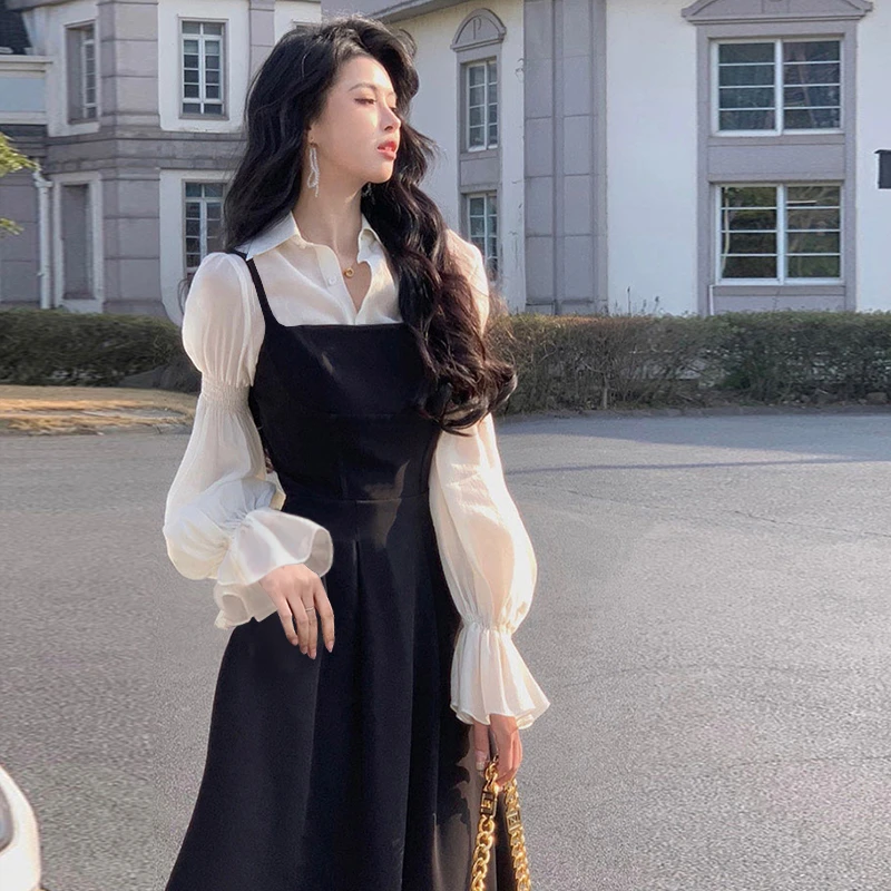 2025秋新款法式高级感气质女神范黑色复古假两件连衣裙6709