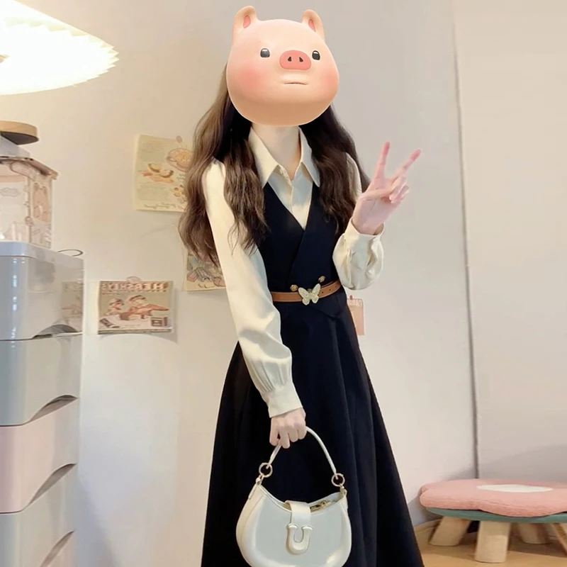 【筱安】假两件长袖衬衫连衣裙子新款秋季韩系穿搭气质长裙2336