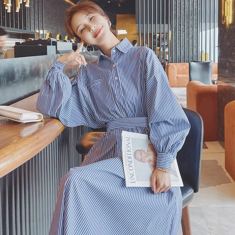 条纹长袖衬衫连衣裙女中长款2025新款气质法式a字裙子6615