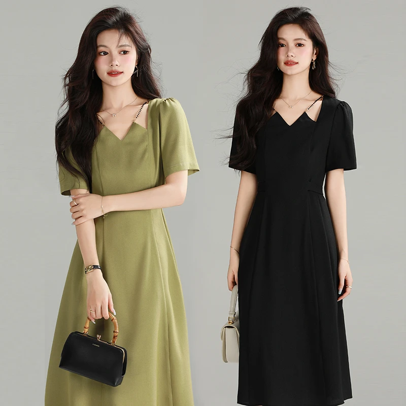 茶歇法式连衣裙2025年夏季新款短袖中长款a字裙1005