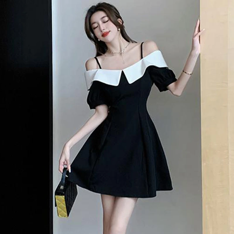 高冷御姐风小众设计感一字肩吊带连衣裙夏季高级感小黑裙女1410