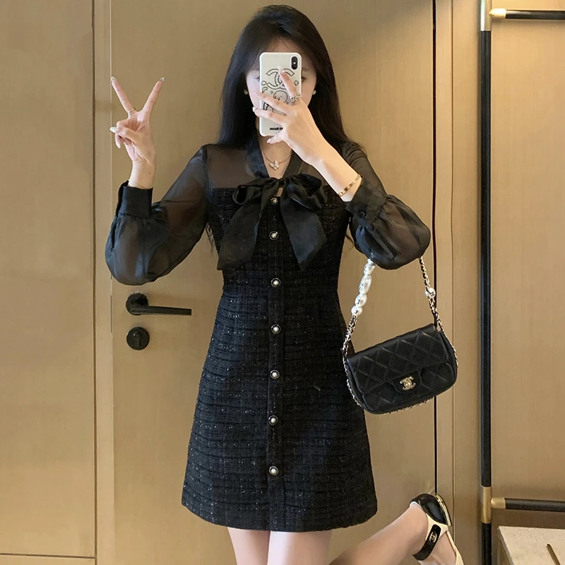 小香风黑色连衣裙长袖2025新女高级气质复古蝴蝶结收腰显瘦7464
