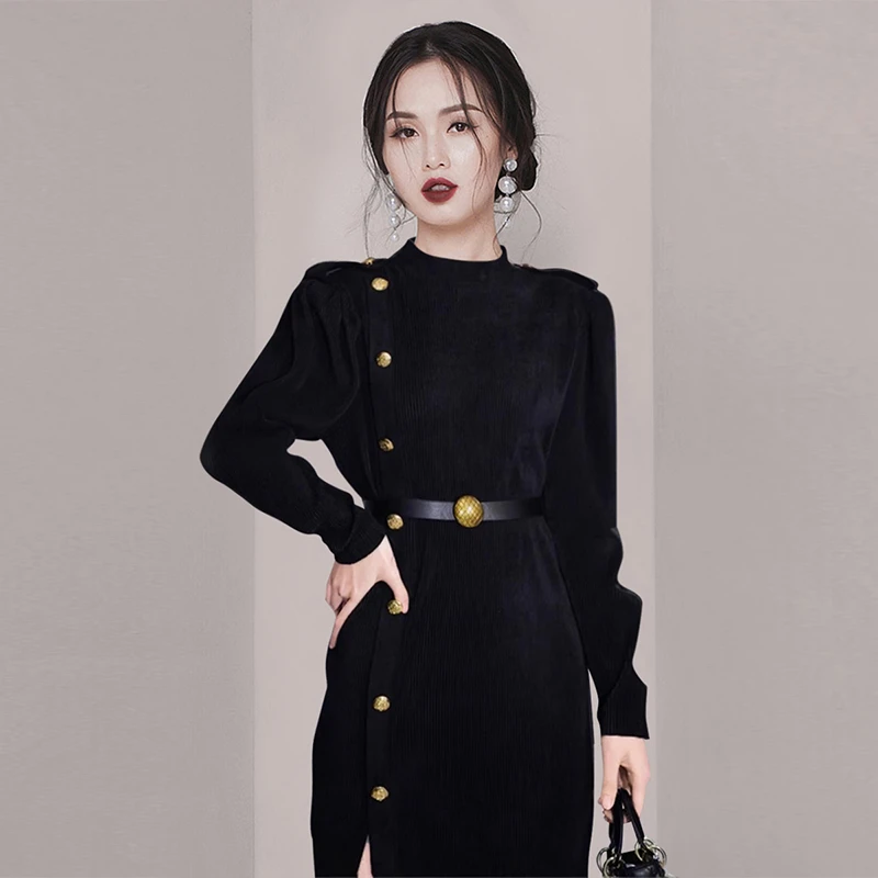 法式赫本风黑色连衣裙女新款高端轻奢御姐开叉裙子7911