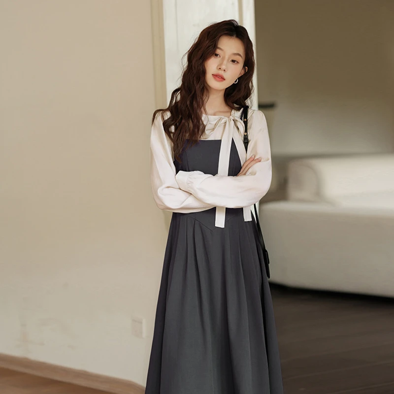 衬衫吊带裙假两件衣裙女春季新款法式裙子长裙6502