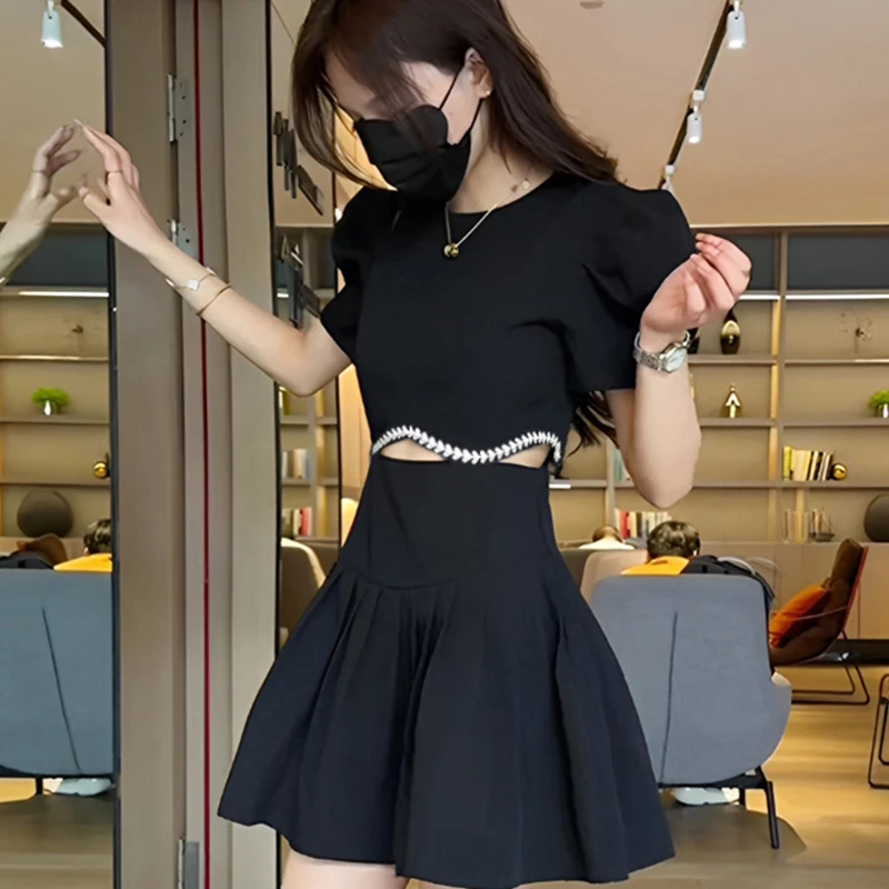 【连衣裙假两件】2025新款夏季女士法式泡泡袖高级感镂空连衣裙1402