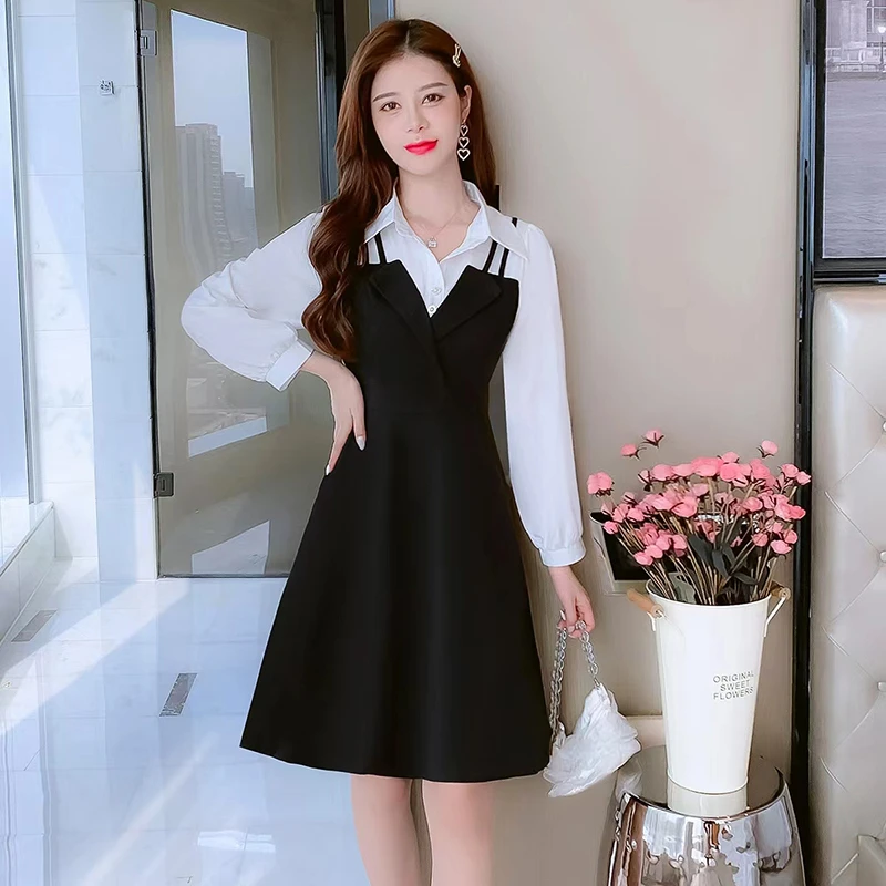 赫本风温柔假两件连衣裙女2025秋季新款长袖衬衫裙小个子8383